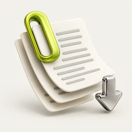 Three sculpted script pages held by a lime paperclip