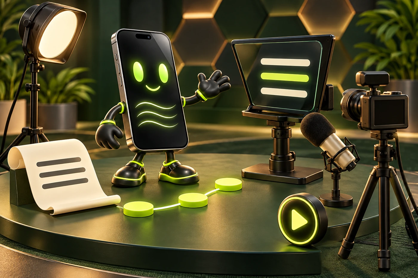 Inky in a lime-accented creator studio with a teleprompter, camera, microphone, and script
