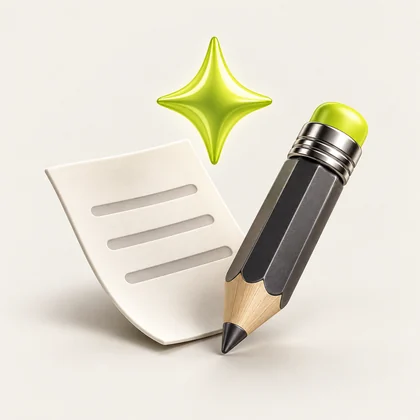 A lime sparkle above a sculpted pencil and script page